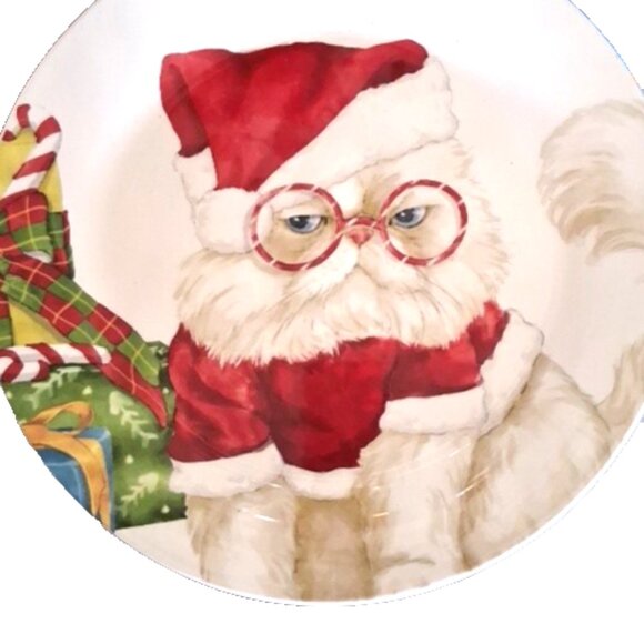 2 Pier 1 Grumpy Christmas Cat Santa with Hat Salad Plate 9” Ironstone - Picture 5 of 7